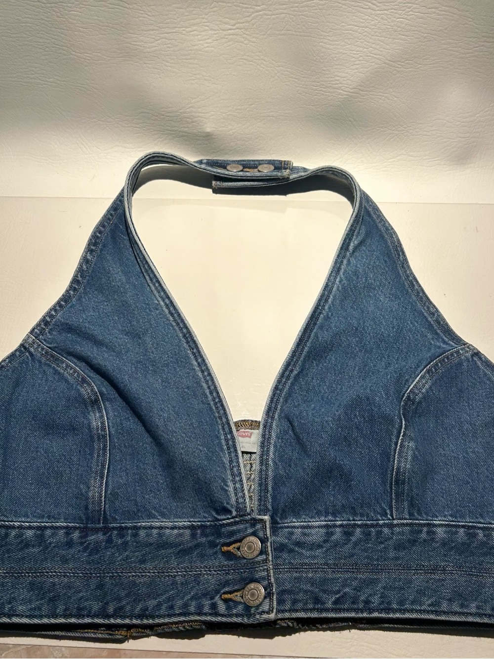 Levi’s Denim Halter Crop Top - Button Front Strech XL Blue/Tan Stitching